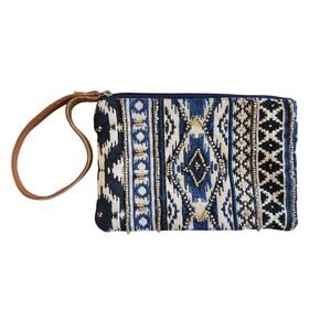 Macchia Di Ruggine Wristlet Purse Bag Beaded Blue Aztec Print Leather Strap